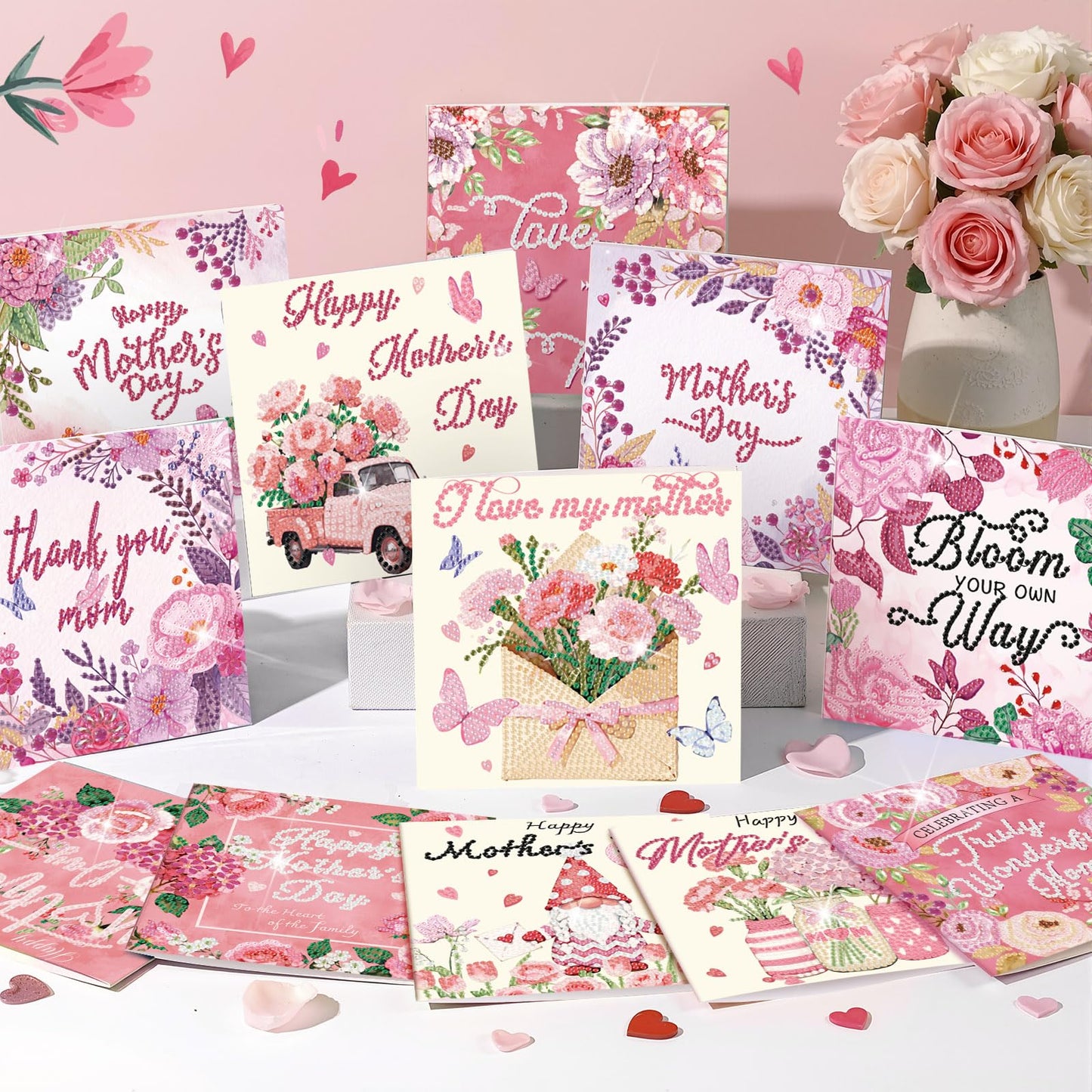 Saillong 12 Pack Mother's Day Diamond Painting Greeting Card Kits Mother's Day Diamond Art Cards with Envelopes 5D Rhinestones Painting Making Kits for Adult DIY Craft Family Friend Holiday Mom Gifts