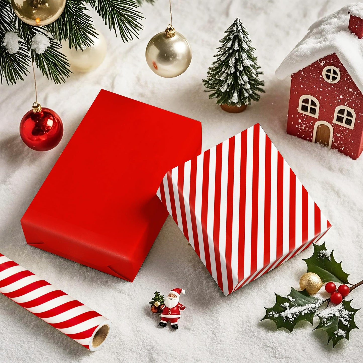 Reversible Wrapping Paper - Mini Roll - 17 Inch x 33 Feet - Red and Stripes Design for Christmas, Birthday, Holiday, Wedding, Baby Shower