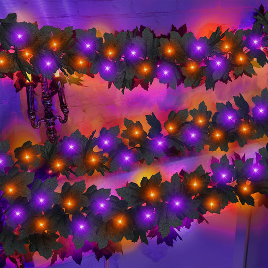 Timer & 3 Pack - Halloween Garland with Lights Total 18Ft 78LED Orange & Purple Lights Battery Operated Lighted Black Maples Leaves Garland Halloween Decorations Indoor Outdoor Mantle Home Door Stairs