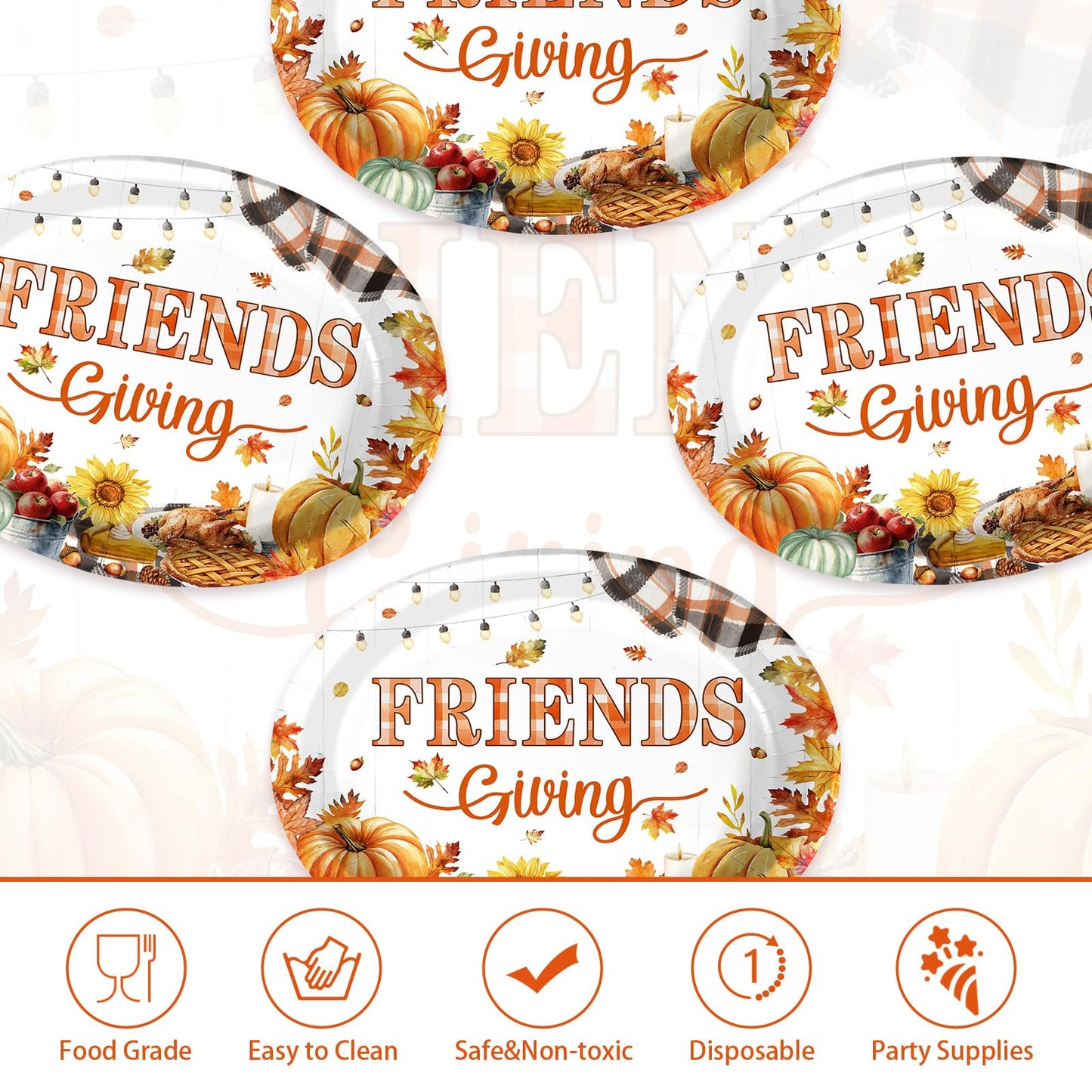 Grencian 50Pcs Friendsgiving Oval Paper Plates Thanksgiving Party Decorations 10" x 12" Large Disposable Autumn Fall Pumpkin Maple Leaves Platter for Thanksgiving Harvest Friends Thanks Party Supplies