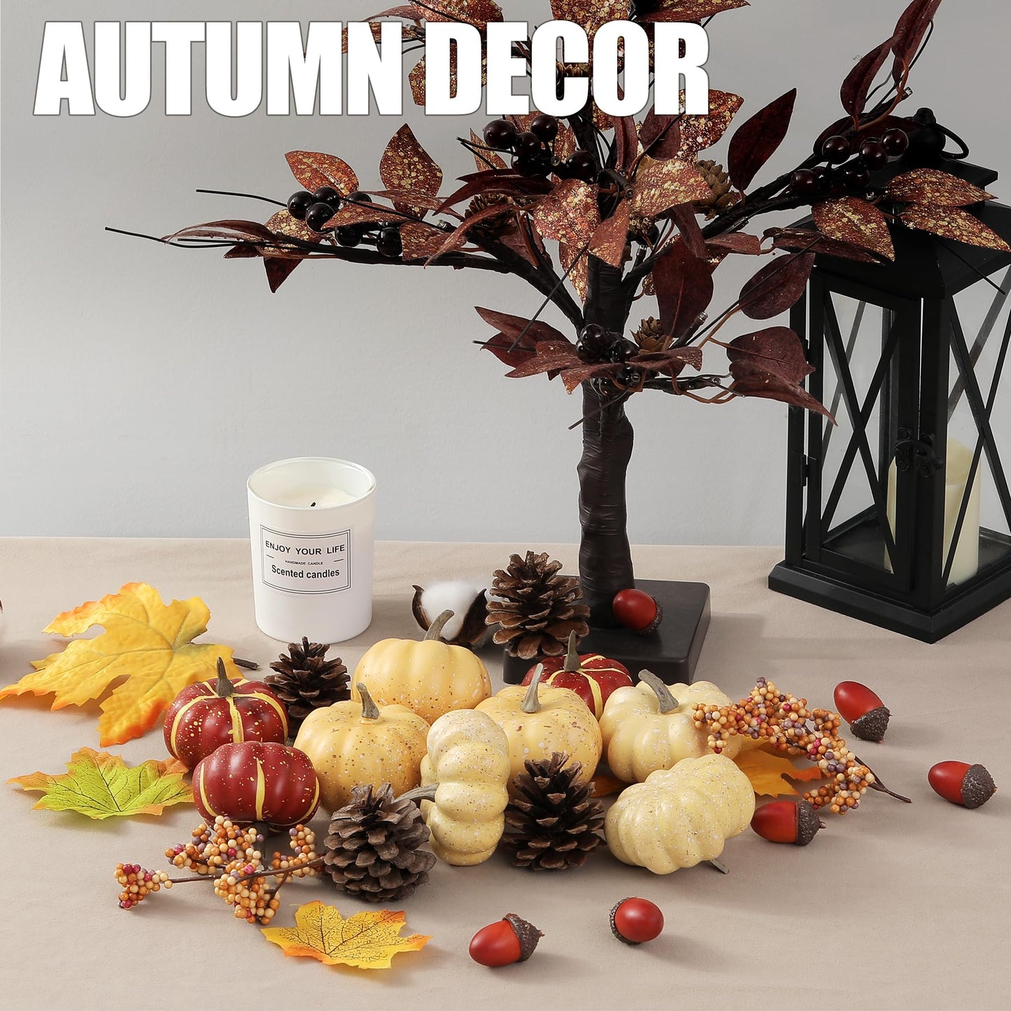 Artgar Pumpkin Decor Set, 23 PCS Fall Harvest Decorations Including Mini Pumpkins, Acorns, Pinecones, Berries, Maple Leaves for Home Table Wedding DIY Fall Halloween Thanksgiving Decor
