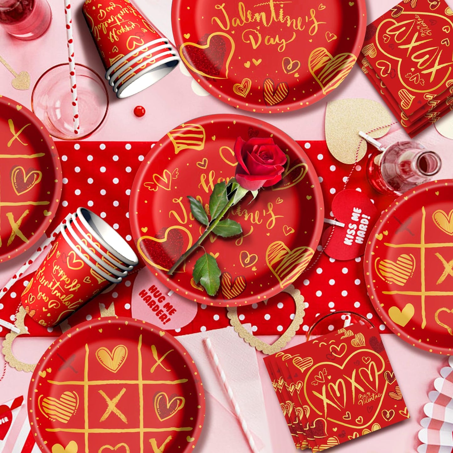 Valentine's Day Party Supplies Tableware Set Red Heart Love Paper Plates Napkins Cups Tablecloth Banner for Valentine's Day Party Decorations, Serves 24