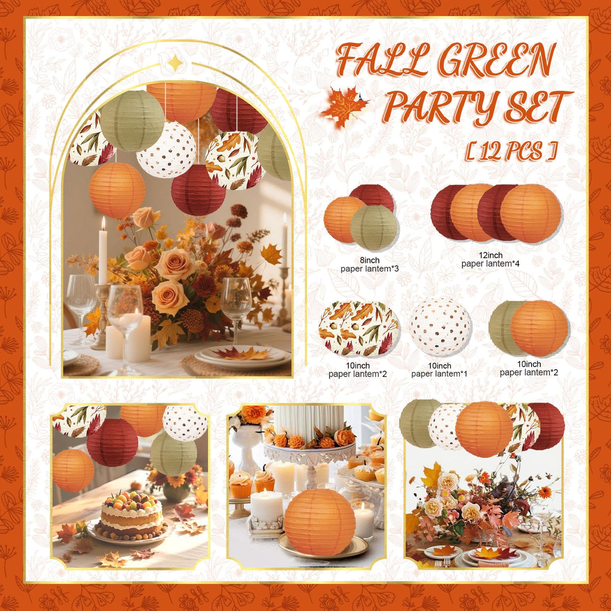 NICROLANDEE 12Pcs Burgundy Orange Maple Leaves Hanging Paper Lanterns