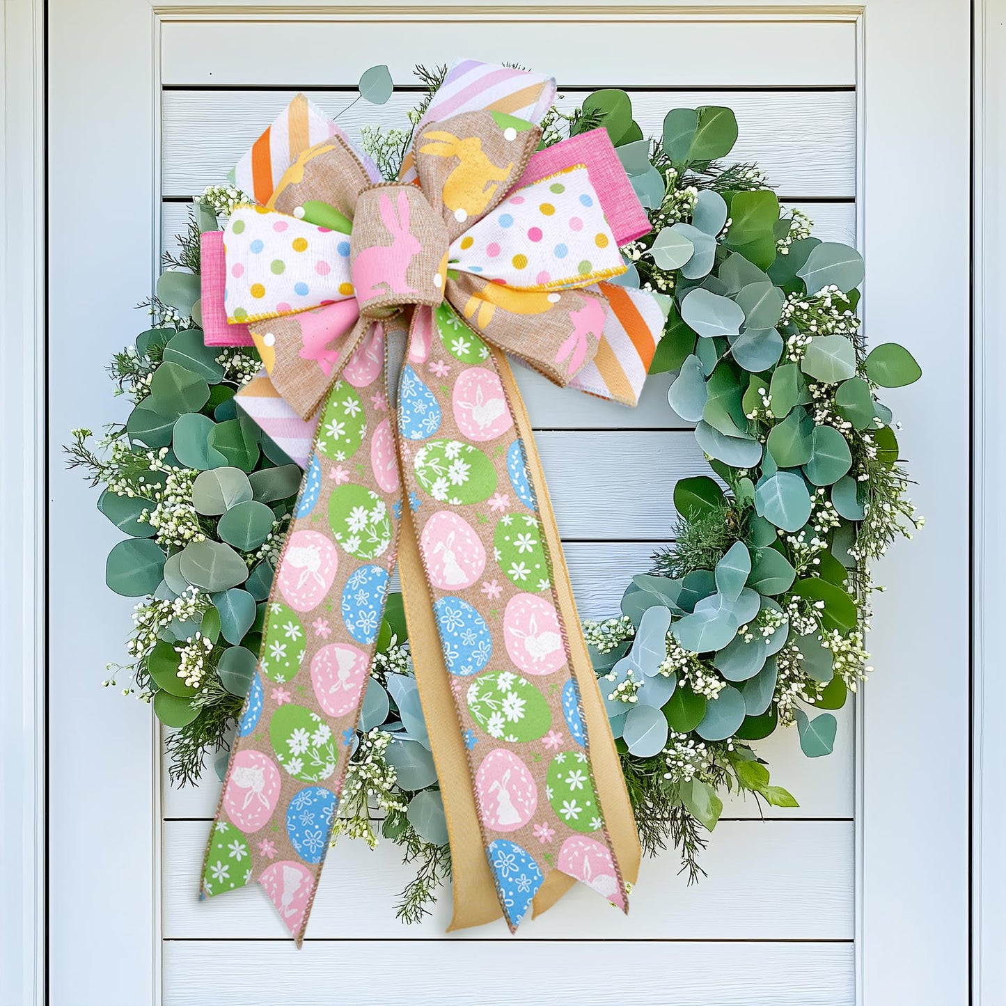Easter Ribbon Wired 6 Rolls 2.5 Inch x 36 Yards TTL, Eggs and Bunny Easter Ribbons for Baskets, Striped and Polka Dot Wide Ribbons for Crafts Spring Wreath Gift Wrapping Bow Decoration