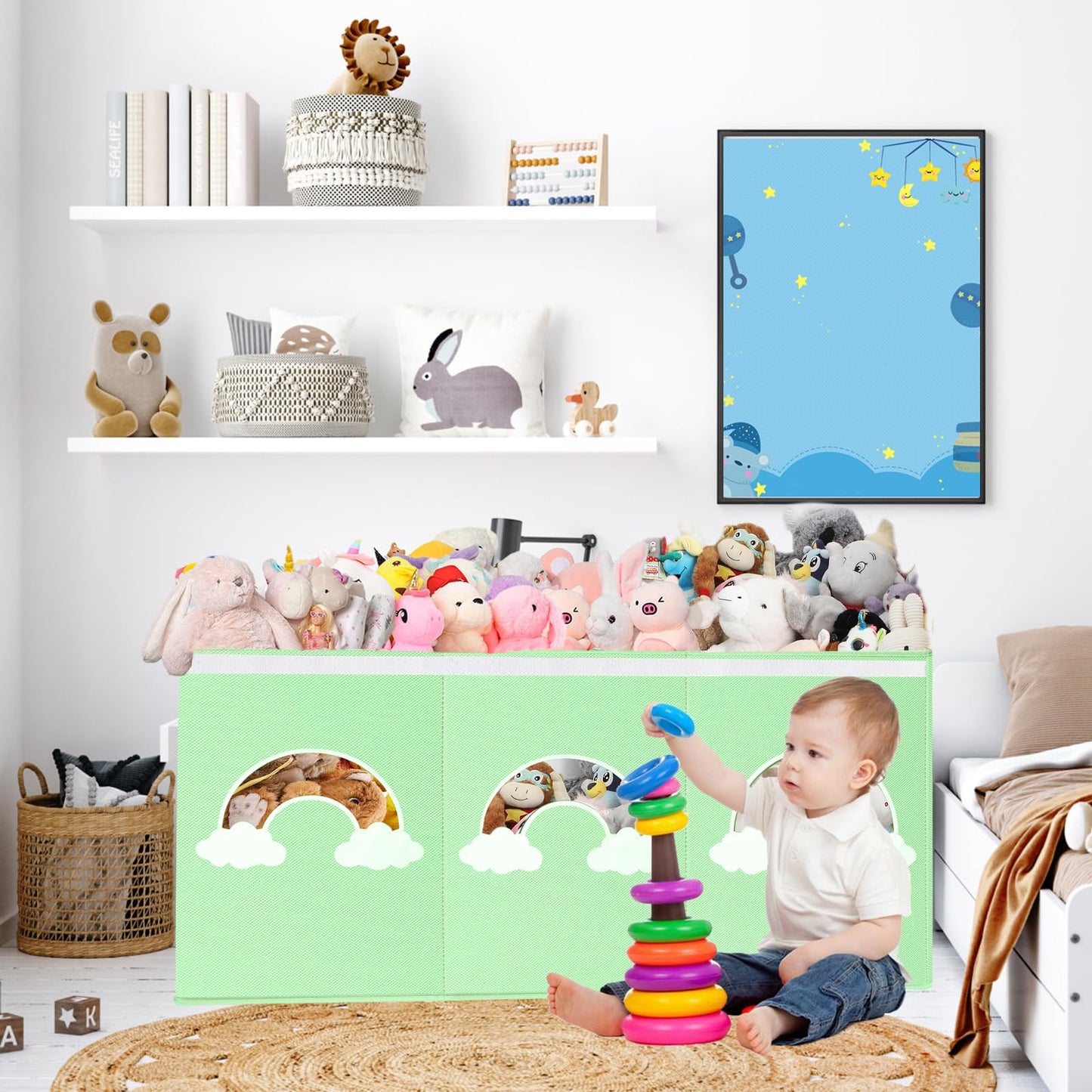 Extra Large Toy Box Chest, Toy Storage Organizer Bins with Transparent Windows, Foldable Storage Box for Kids,Boys,Girls,Toddler,Nursery Room,Playroom(Green Cloud)