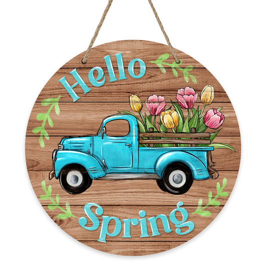 Deroro Hello Spring Blue Truck Sign for Front Door Decor, Tulip Flowers Pickup Wood Door Hanger for Outdoor Outside Porch, Rustic Farmhouse Wooden Wreath Indoor Wall Hanging Decoration