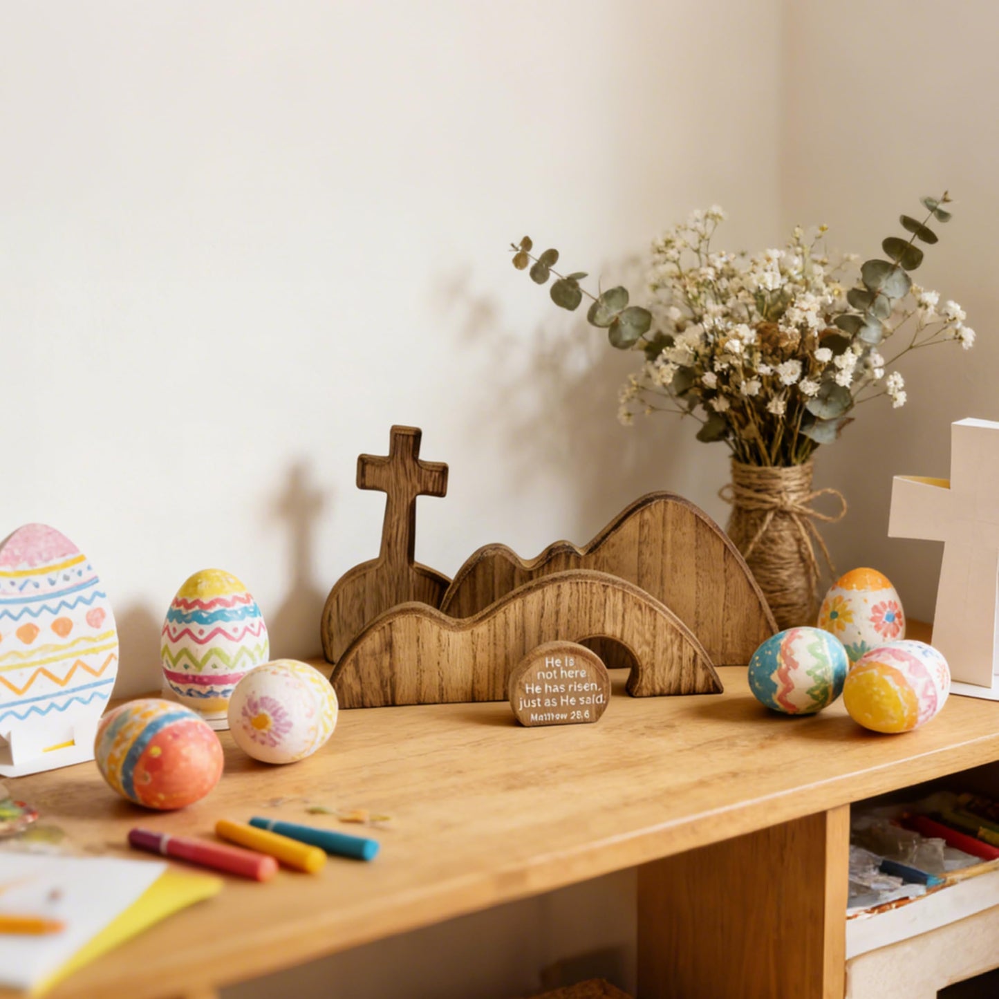 FESTGLOX Wooden Empty Tomb Set with Cross, Empty Tomb Easter Scene for Christian Decoration, Wooden Easter Resurrection Scene for Religious Display, Home Office Tabletop Tray, Church, Shelf Decor