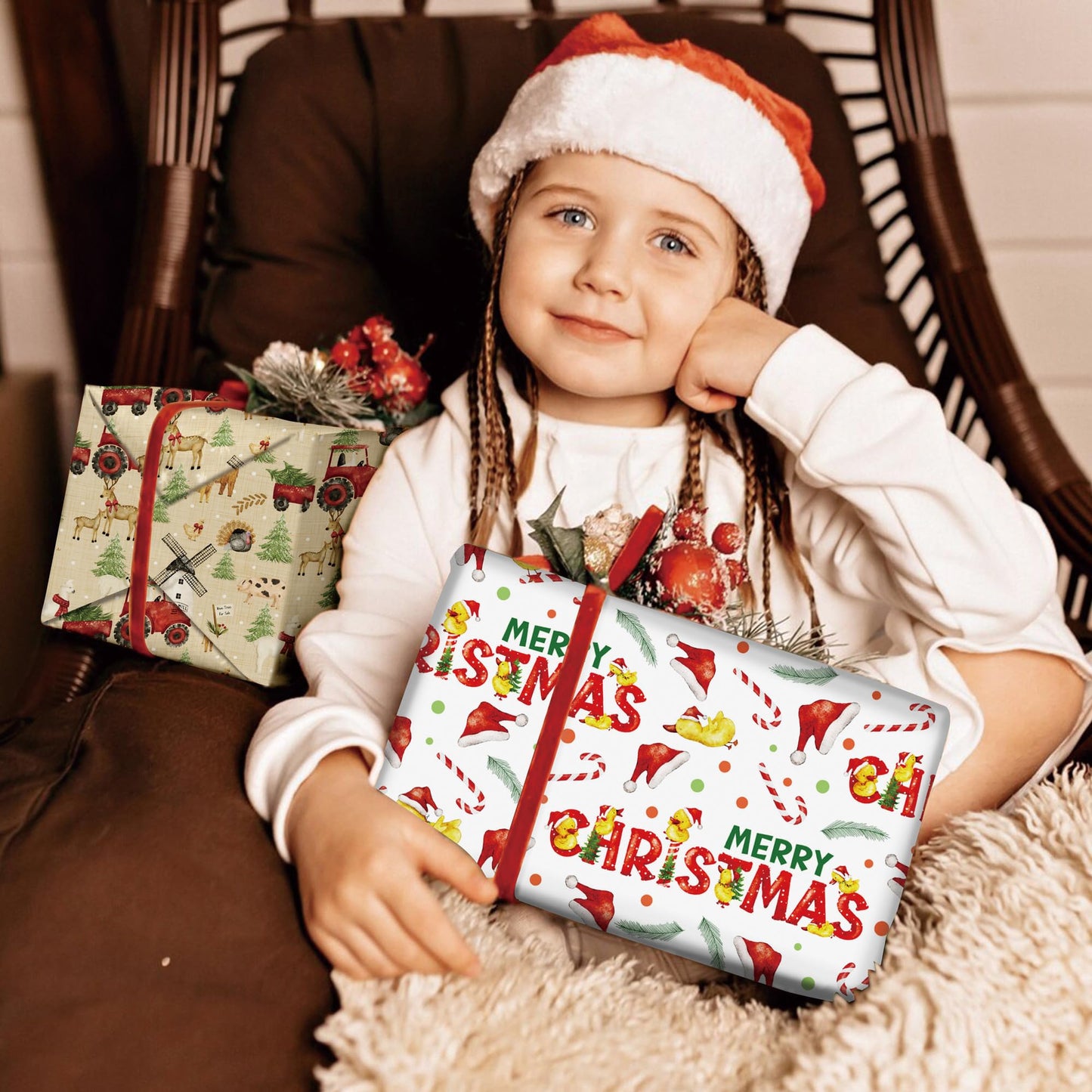 Christmas Duck Wrapping Paper - Funny Xmas Gift Wrap with Santa Hats, Candy Canes, Yellow Ducks and MERRY CHRISTMAS for Kids Boys Girls - 40×28 Inches, 4 Folded Sheets