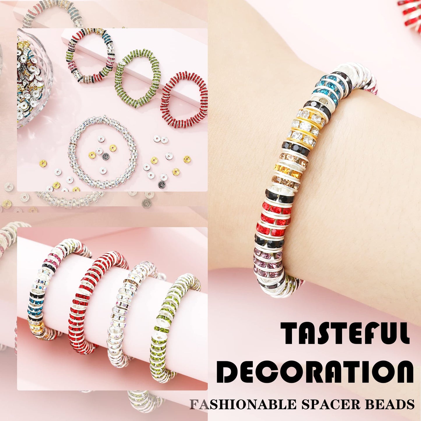 1080Pcs 8mm Rhinestone Spacer Beads, Crystal Glass Beads, Spacer Beads for Jewelry Making, Beads for Jewelry Making Necklaces, Bracelet Pendants, 9 Colors