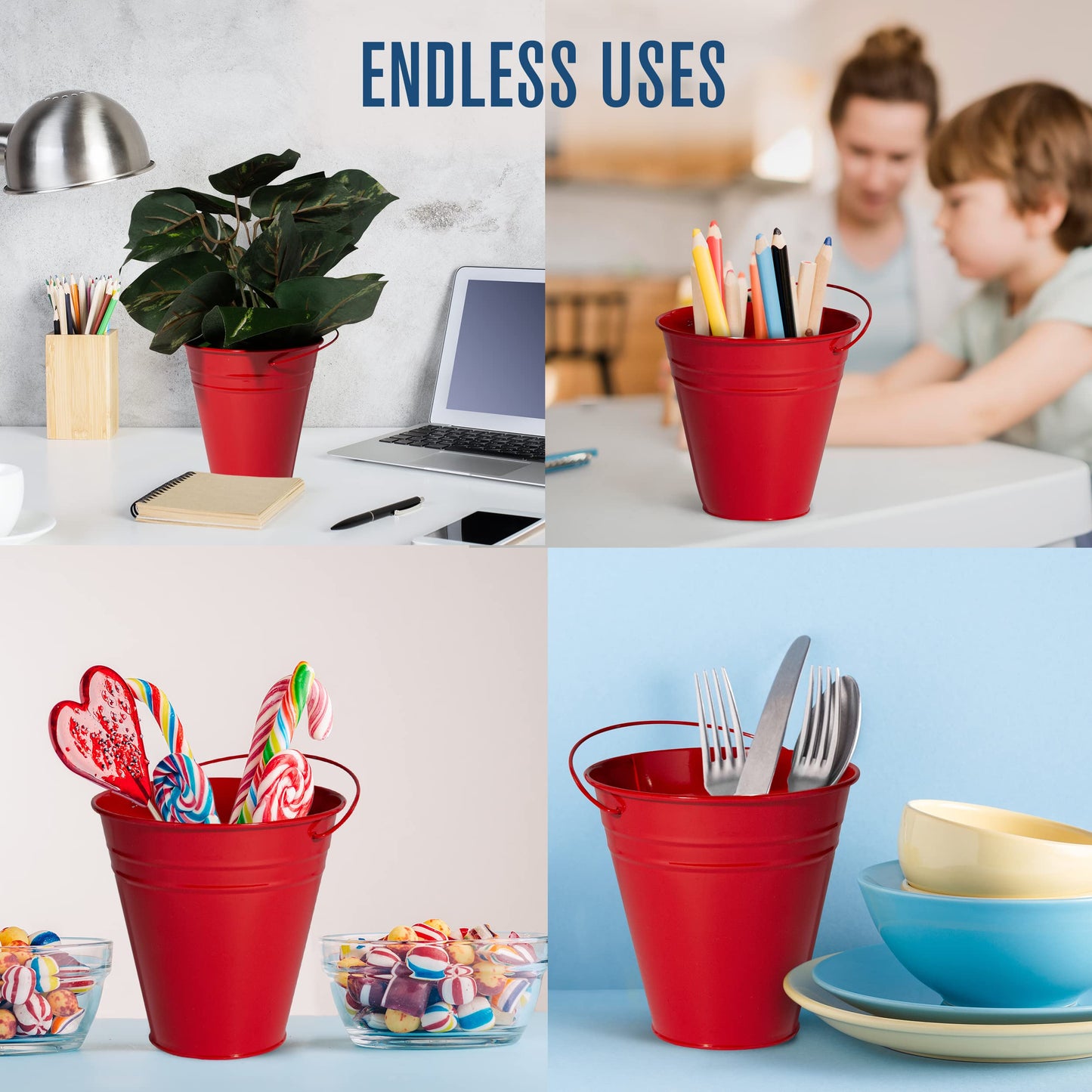 Metal Buckets, Galvanized Buckets, Small Buckets, 4.5" W x 5" H, 12 Pack, Tin Buckets, Mini Buckets, Small Metal Bucket, Metal Pail, Small Pail, with Handle, Red, for Party Favors, Classroom, Crafts