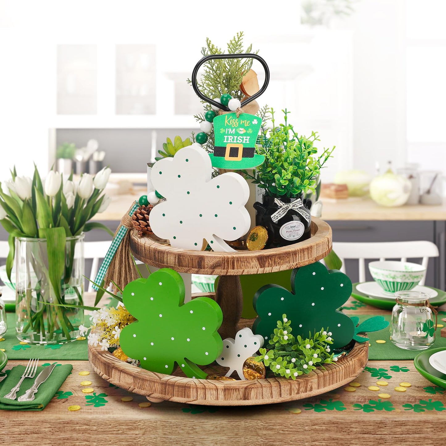 AKEROCK St Patricks Day Decor, Wooden Shamrock Decor for Table, Tiered Tray, Office Desk, Mantle Saint Patricks Day Decorations for the Home, 4 PCS Shamrock Decorations