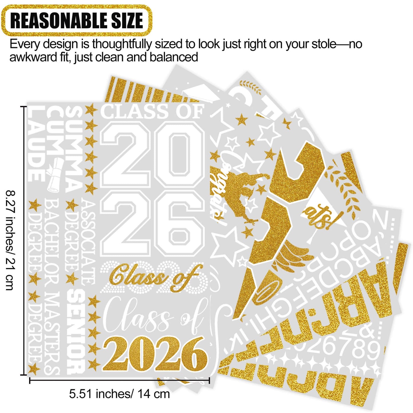 Graduation Stole Sash Class of 2026 Decorations DIY Customize Graduation Stole Graduation Sash Personalized Iron-On Decals Heat Transfer Vinyl HTV Cutouts Set, White Gold