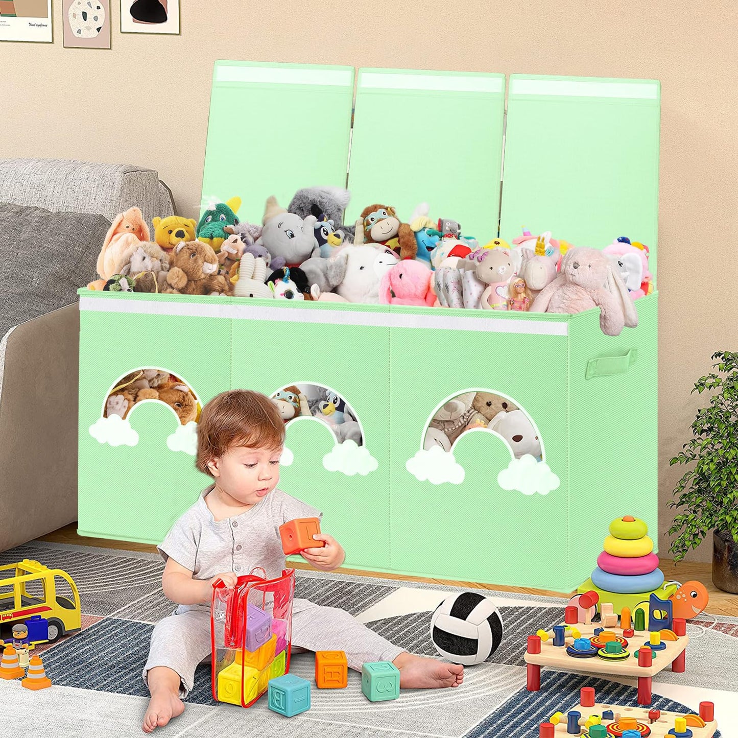 Extra Large Toy Box Chest, Toy Storage Organizer Bins with Transparent Windows, Foldable Storage Box for Kids,Boys,Girls,Toddler,Nursery Room,Playroom(Green Cloud)