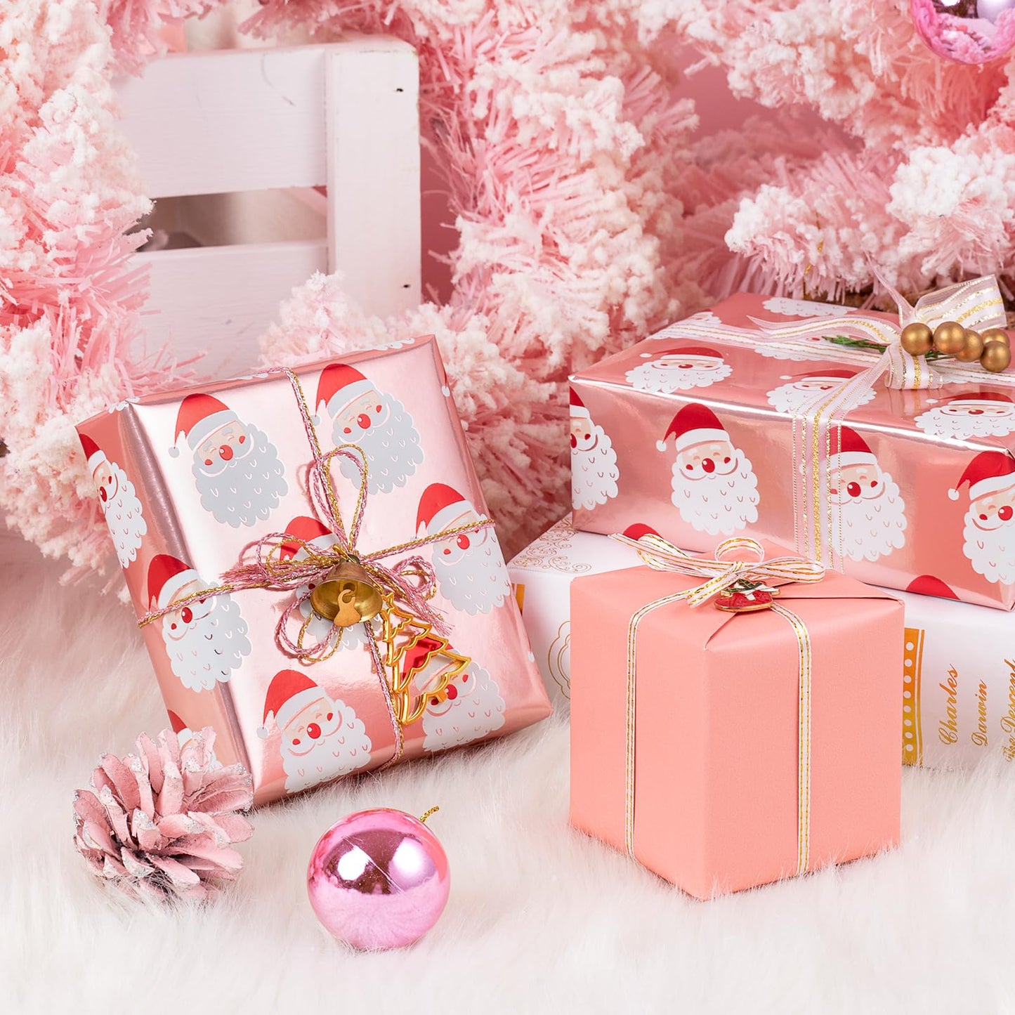 Reversible Christmas Wrapping Paper - Mini Roll - 17 Inch x 33 Feet - Santa Claus Wrapping Paper and Solid Rose Gold Design with Metallic Foil Shine for Chrsitmas, Holiday, Party