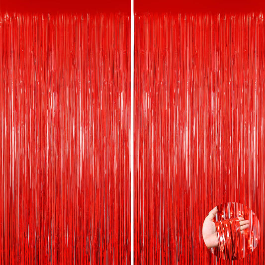 2Pack Red Foil Fringe Curtain, Red Tinsel Party Streamer Backdrop Curtains Wedding Photo Backdrop Party Decorations Door Streamers for Birthday Bridal Shower Bachelorette Xmas Anniversary Decorations