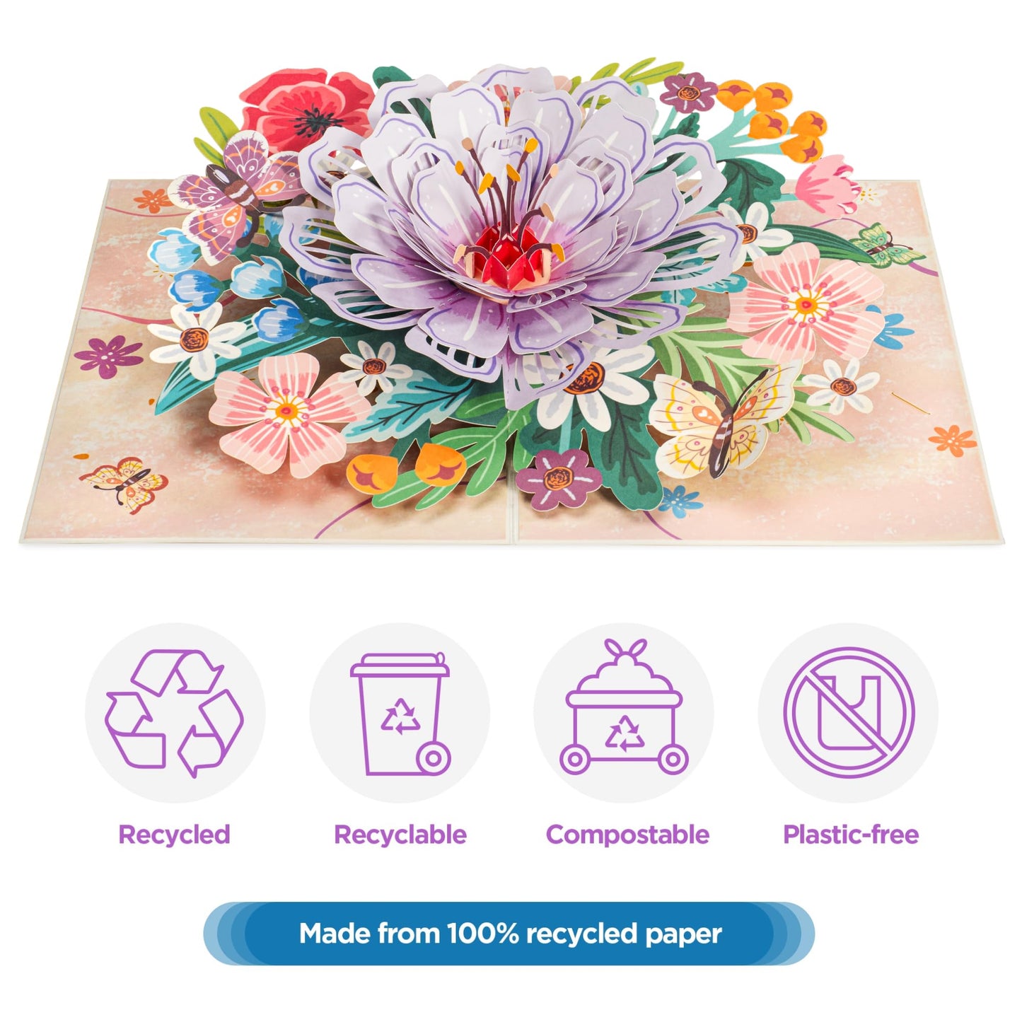 Frndly by Paper Love, Floral Bliss 3D Pop Up Card, Gift for Mothers Day, Birthday, Wedding, Anniversary, Thank You, Get Well, All Occasion - Handcrafted 100% Recycled and Eco-Friendly, 8" x 6" Cover - Includes Envelope and Note Tag