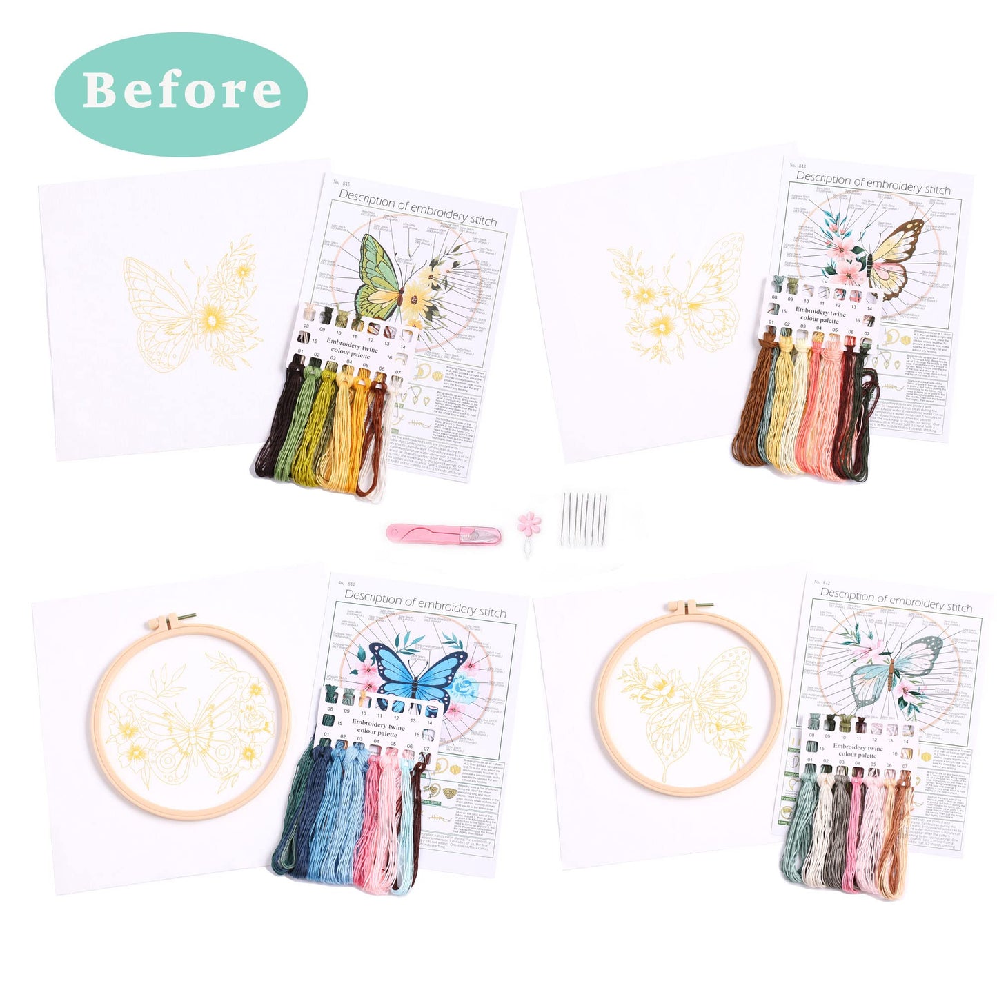 REEWISLY 4 pcs of Embroidery Starter kit with Patterns and Instructions, DIY Adult Beginner Cross Stitch Kits, Including 2 Plastic Embroidery Hoop, 1 Pair of Scissors, Colored Threads and Needles