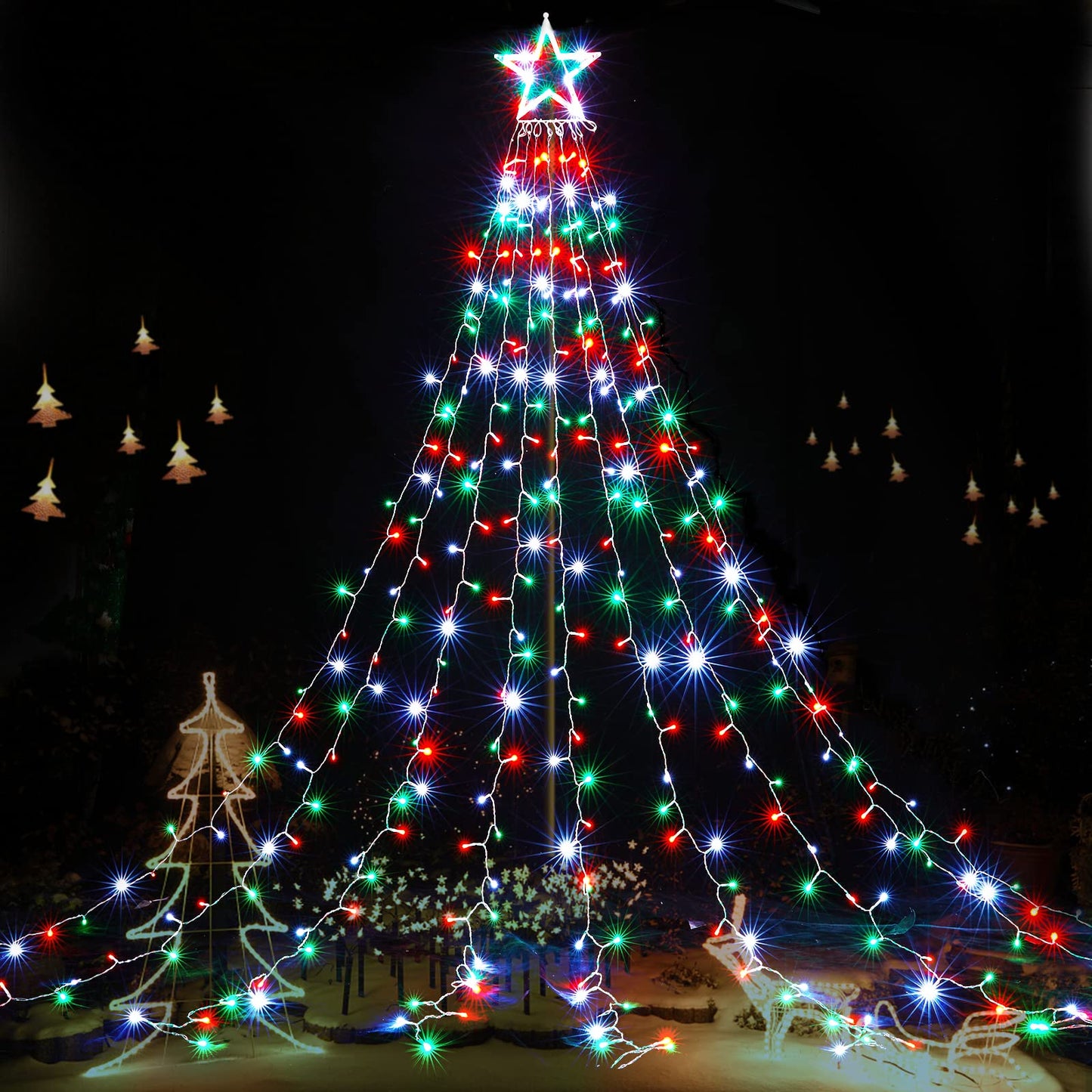 Outdoor Christmas Lights 344 LED Christmas Star Lights with 9 Strands 11.9ft Waterfall Tree Lights, 8 Modes, Waterproof & Timer for Garden Yard Patio Outdoor Xmas Decorations，Red Green White