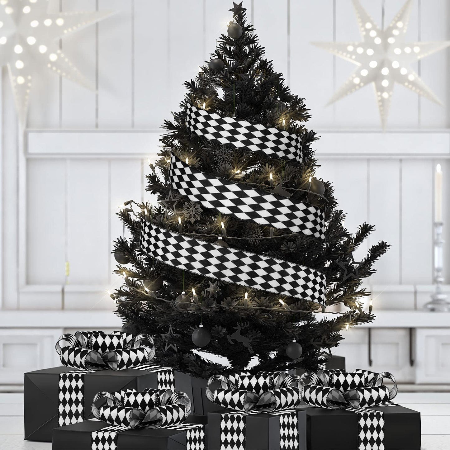 2 Rolls Christmas Checkered Ribbon Black and White Check Ribbon Diamond Check Wired Edge Ribbon Diamond Pattern Decorative Ribbons for Christmas Fall Tree Wrapping DIY Crafts (2.6 Inch)