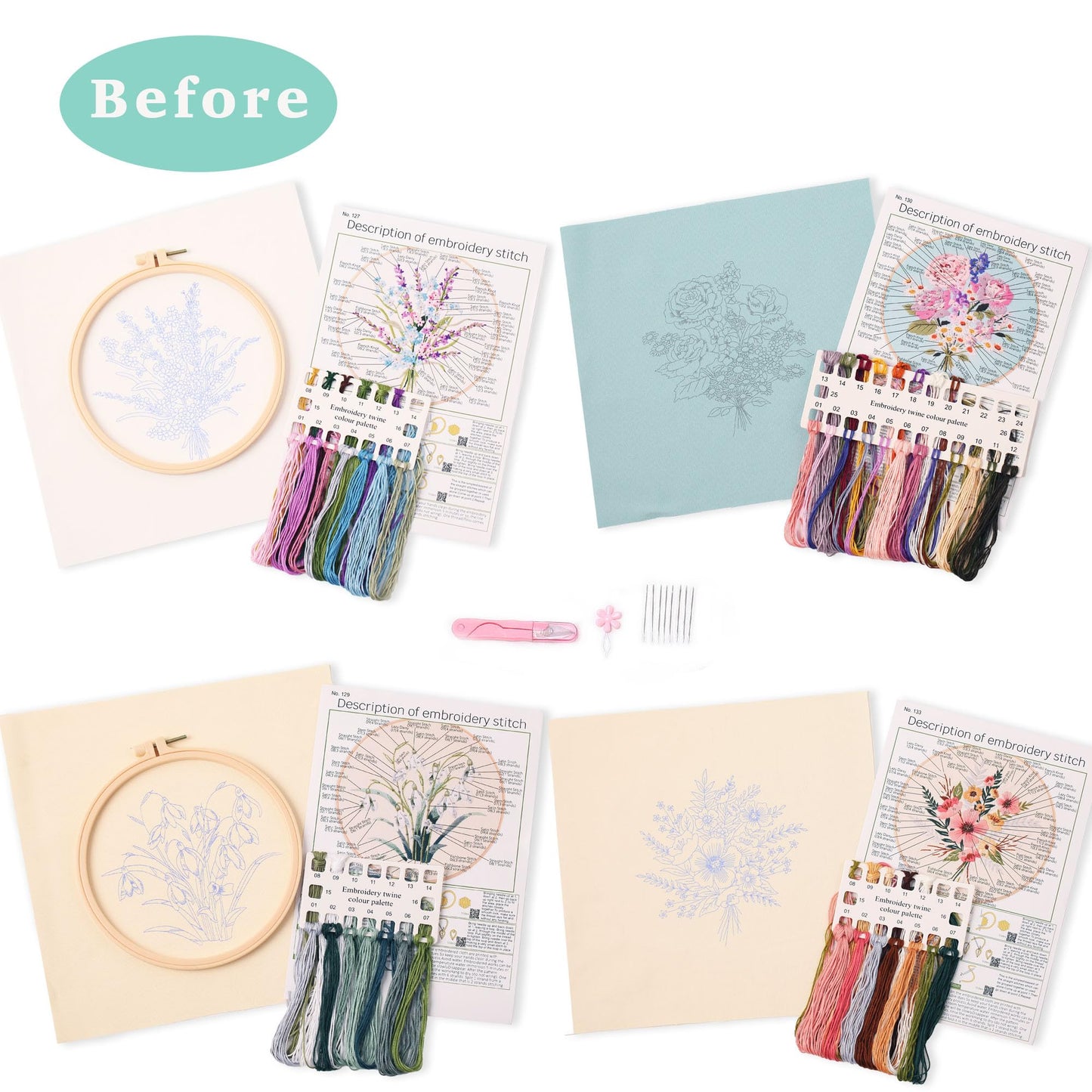 REEWISLY 4pcs of Embroidery kit with Patterns and Instructions, DIY Adult Beginner Cross Stitch Kits, Including 2 Plastic Embroidery Rings, 1 Pair of Scissors, Colored Threads and Needles