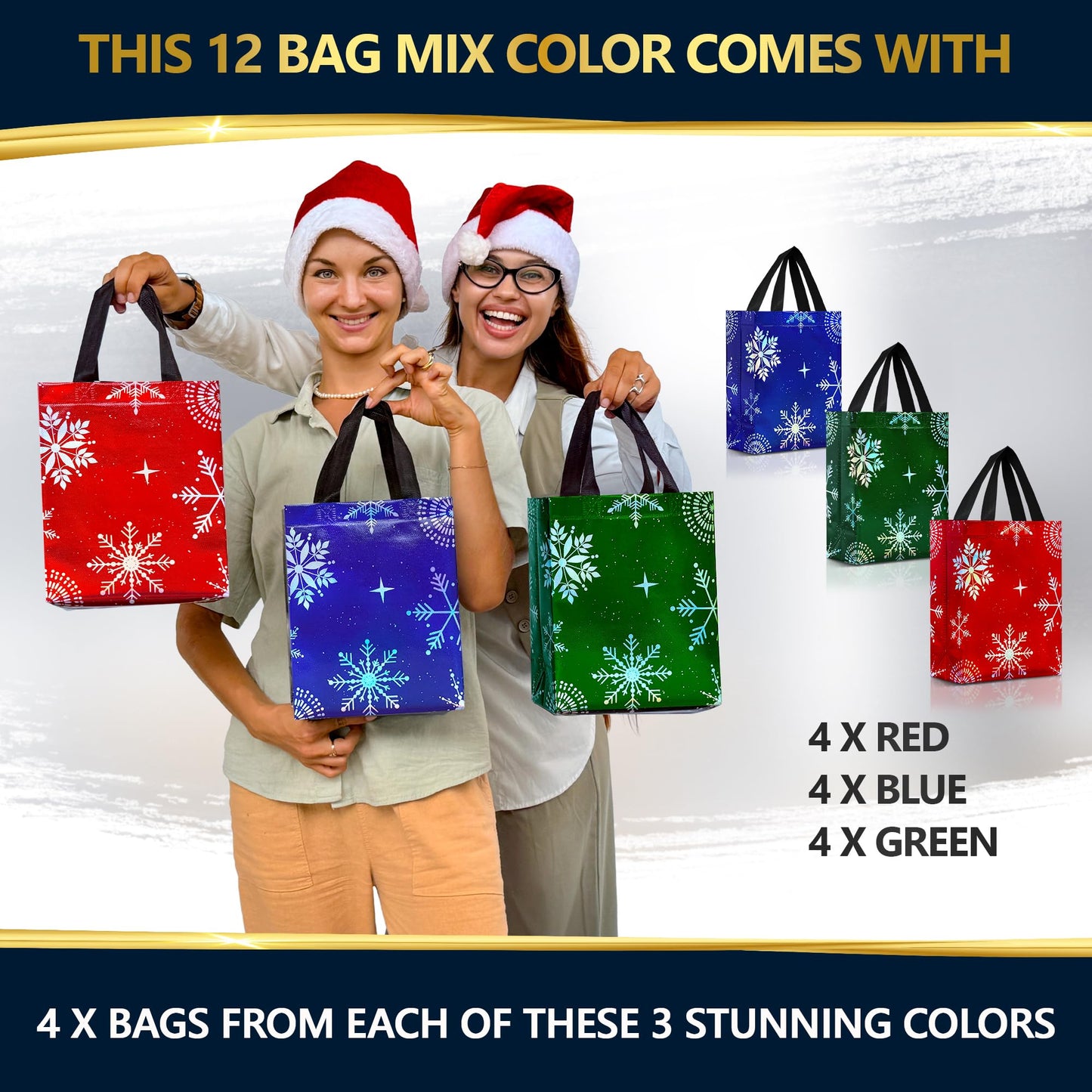 Snowflake Gift Bags Medium Size, Set of 12 Christmas Gift Bags with Handles (3 Each of Blue, Green and Red Colors) - Reusable Christmas Bag for Xmas Presents, Holidays - 8Wx4Dx10H
