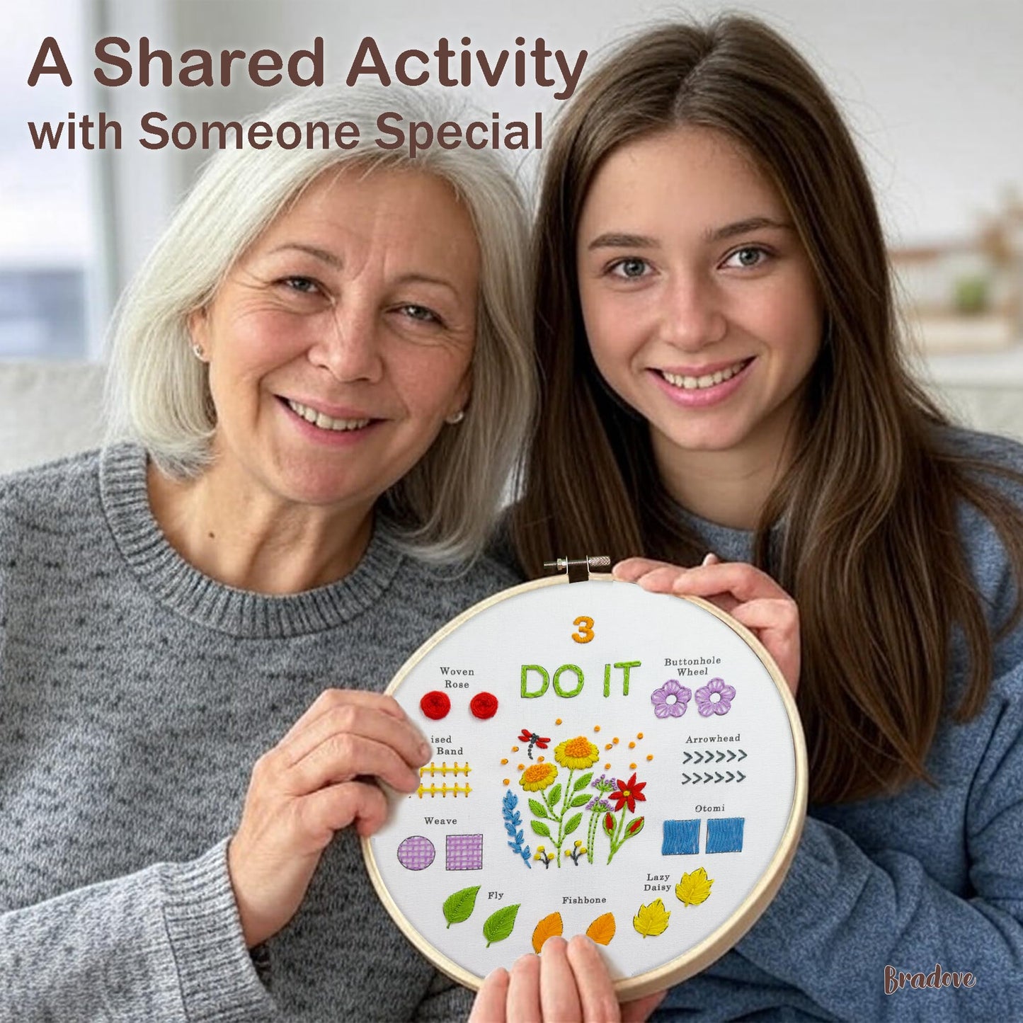 Bradove Embroidery Kit for Beginners, Learn to Embroider Top 29 Stitches and Cute Embroidery Patterns with Video Tutorial and Instruction Booklet, Beginner Embroidery Kit for Adults Kids, Stitches Kit