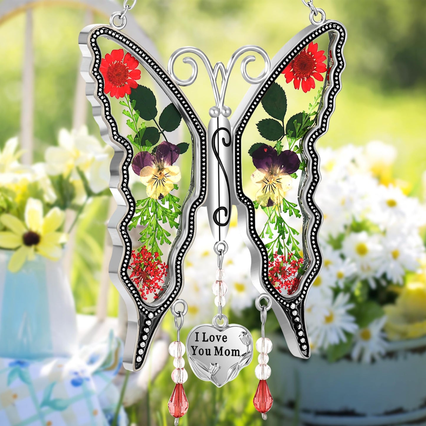 KY&BOSAM Gifts for Mom Butterfly Suncatcher I Love You Mom Stained Glass Sun Catcher Hanging for Window Wind Chime Pressed Dried Flowers Engraved and Metal Charm Mothers Day Valentine's Birthday Decor