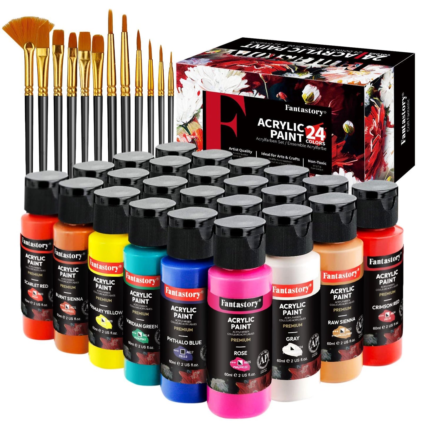 Fantastory Acrylic Paint Set 24 Classic Colors(2oz /60ml) with 12 Brushes, Professional Craft Thick Paints Kits for Adults, Canvas Wood Fabric Ceramic Rock Painting Supplies [Professional Series]