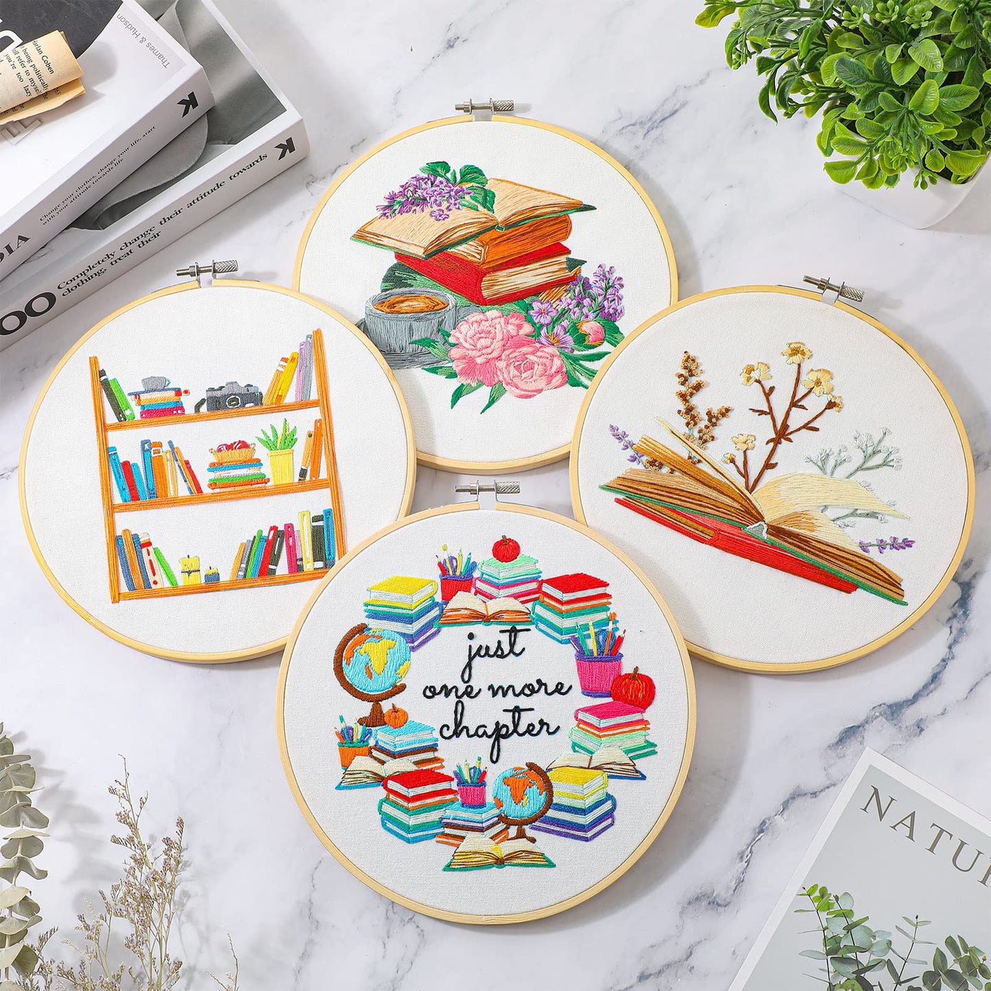 4 Set Embroidery Kit for Beginners Adults Book Lovers Funny Cross Stitch Embroidery Kit with Bamboo Hoops Needles Threads Instructions Needle Threader(Classic)