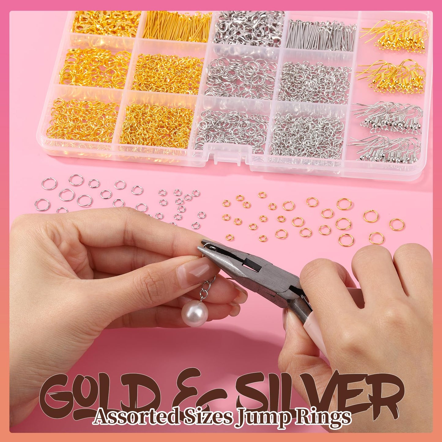 1200PCS Jewelry Making Supplies, Jump Rings for Jewelry Making, Earring Hooks Earring Findings for Jewelry Making, Silver Gold Jump Rings, Lobster Claw Clasps Necklace Extender Chain