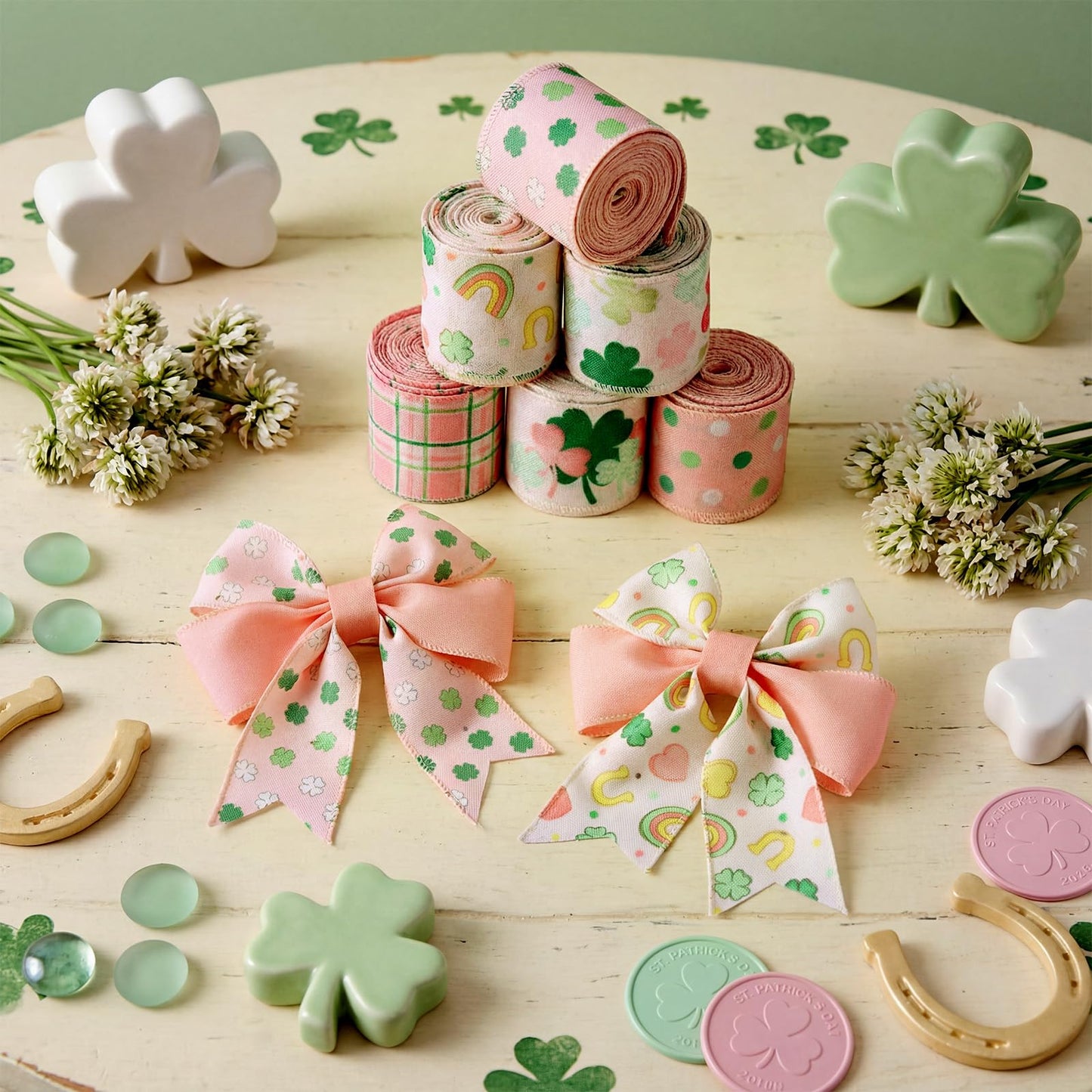 12 Rolls St Patrick's Day Wired Edge Ribbon for Wreaths 2 Inch x 60 Yards Pink Shamrock Lucky Charm Print Grosgrain Ribbon for St Patrick's Day Party Supplies 12 Styles