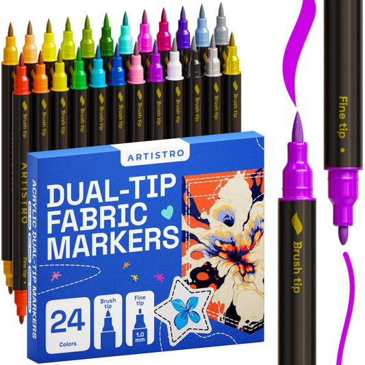 ARTISTRO 24 Fabric Markers - Dual-Tip Fabric Markers Permanent for Clothes - No Bleed Fabric Pens for T-Shirts, Bags, Textile, Canvas, and more (Brush Tip and Fine Tip)