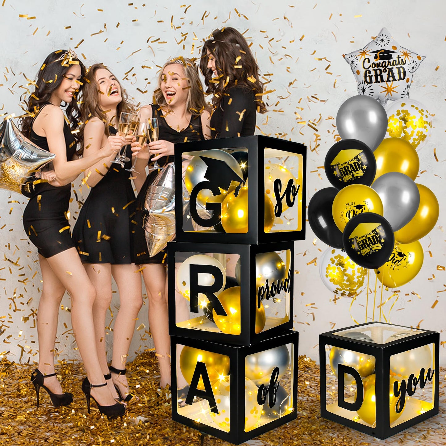 AYGXU Graduation Decorations 2026-Graduation Party Decorations,Graduation Balloons Boxes(4PCS) with LED Light Strings & Letters 2026 GRAD So Proud of You,Party Favors For Any Grades Class.
