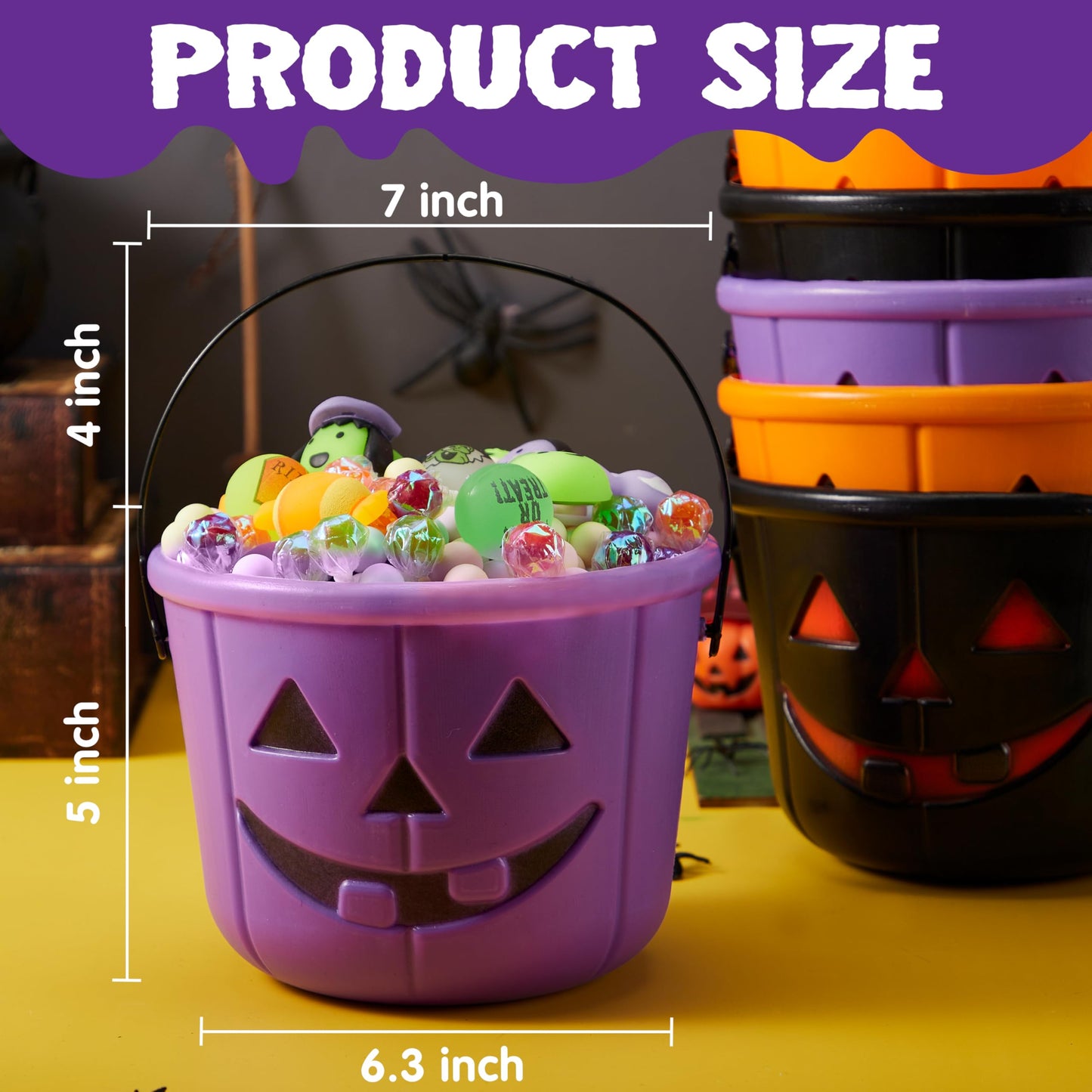 JOYIN 6PCS Halloween Trick or Treat Pumpkin Bucket, Orange Plastic Candy Bucket for Trick or Treating, Black Purple Jack O Lantern Basket and Pails with Handle for Kids Halloween Party Favor Supplies
