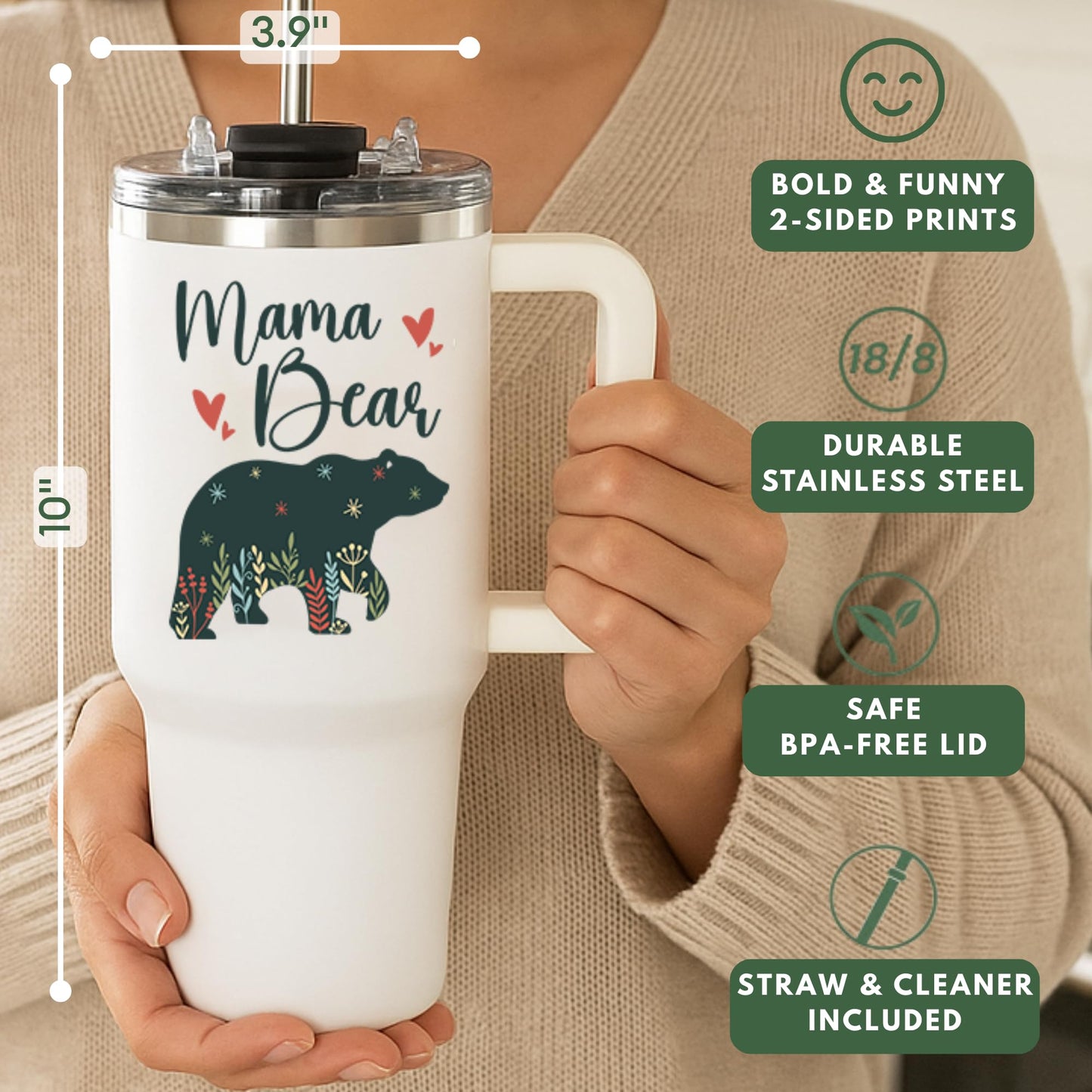 Mothers Day Gifts For Mom - Mama Bear Tumbler With Handle 40oz, Mommy Coffee Mug, Mama Tumblers, Momma Gift Ideas, Funny Birthday Present For Her, Cute Mother Day Gift Tumbler, Mom Cup