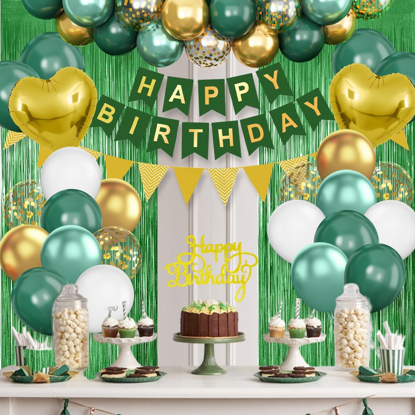 Green Birthday Decorations,Happy Birthday Banner Emerald Green and Gold Balloons Fringe Curtain Heart Foil Balloons for Women Men Party Decor