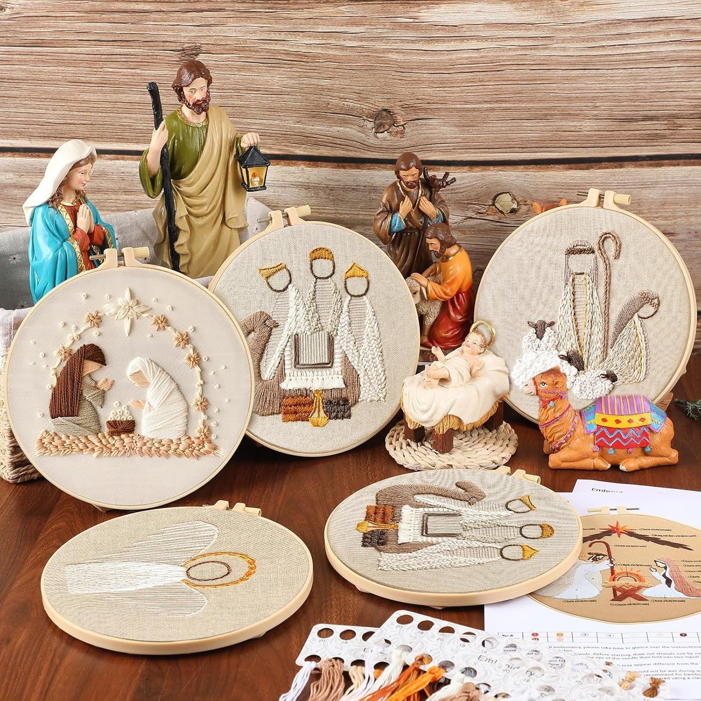 Nativity Scene Embroidery kit,Christmas Cross Stitch Kits,DIY Embroidery Kit for Adults with Pattern,Cotton Threads,Needles,Instruction,20cm Hoop,for Decor Home Room (King)