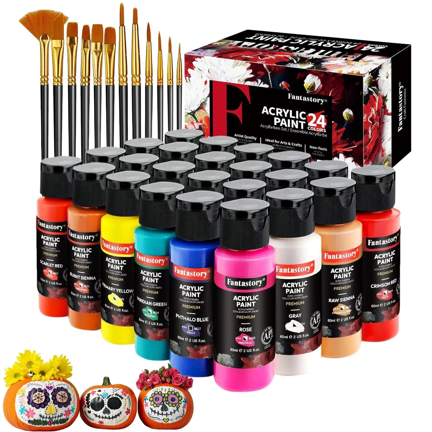 Fantastory Acrylic Paint Set 24 Classic Colors(2oz /60ml) with 12 Brushes, Professional Craft Thick Paints Kits for Adults, Canvas Wood Fabric Ceramic Rock Painting Supplies [Professional Series]