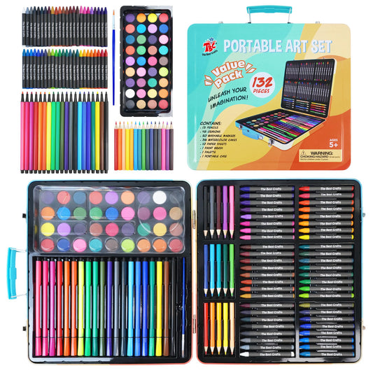 TBC The Best Crafts Painting Kit (132 Piece Set-Iron Case), Painting Supplies, Art Kit Includes Watercolor Paint Set, Colored Pencils, Crayons, Pencils, Washable Markers, Paint Brush, Gifts for Kids