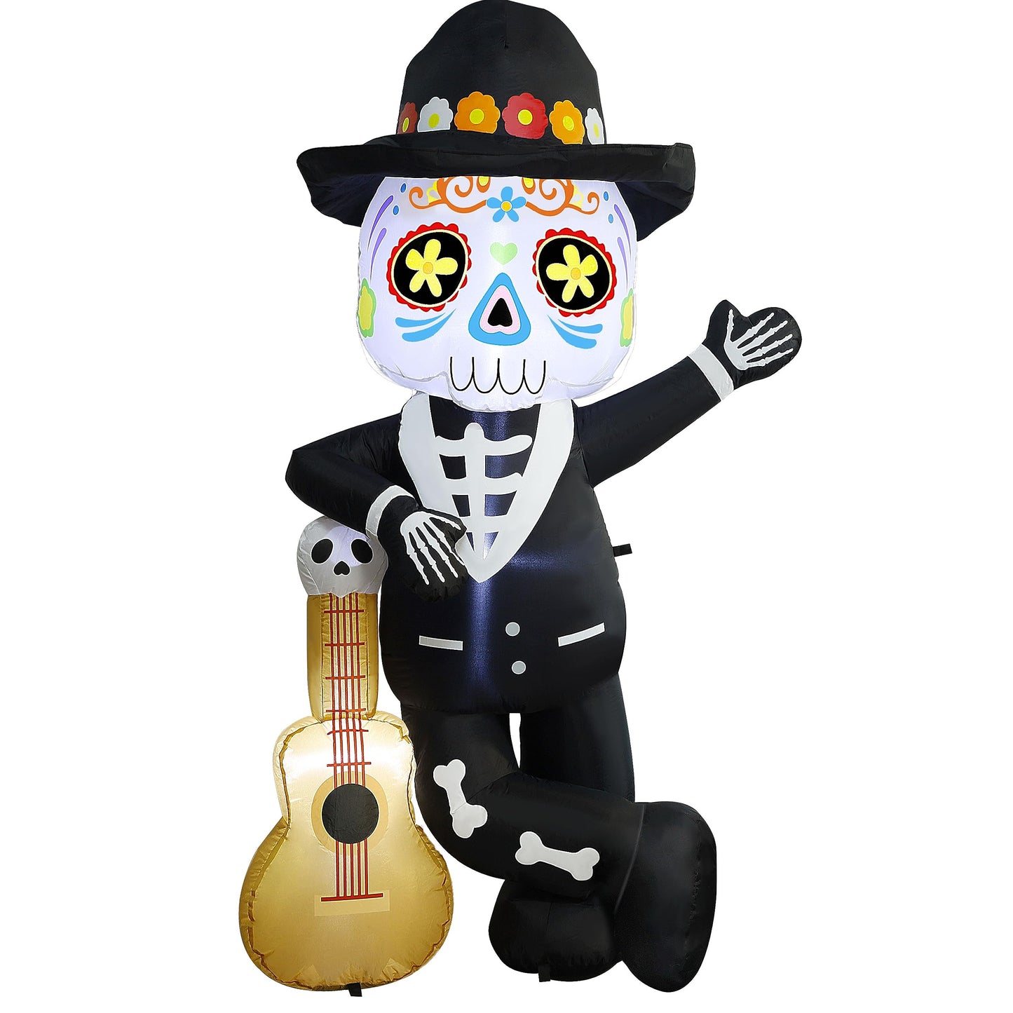 Joliyoou 6FT Halloween Inflatable Decoration, Lighted Blow Up Skeleton with A Guitar, Plug-In Holiday Indoor Outdoor Standing Decor for Spooky Party Day of the Dead (Skeleton Leaning Against A Guitar)