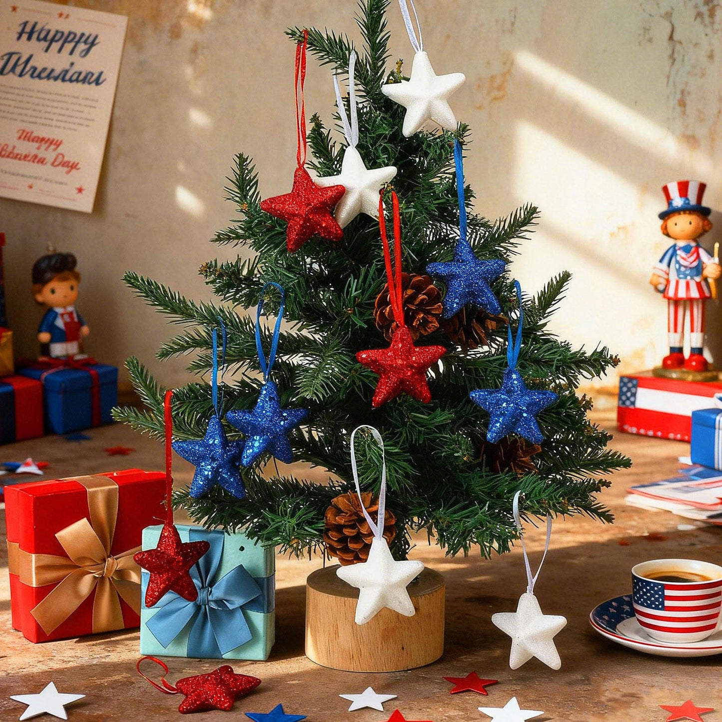 Sratte 12 Pcs 4th of July Tree Decorations Red White Blue Star Ornaments Patriotic Hanging Star Shaped Ornaments for Independence Day 250th Anniversary Holiday Party Supplies (Stylish Style)