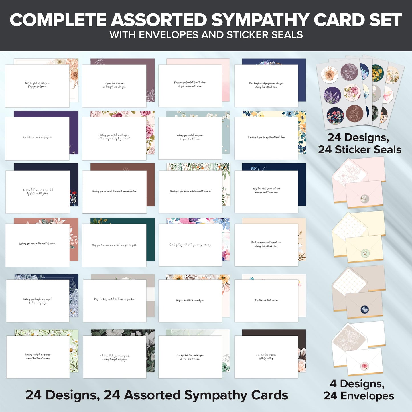 24 Pack 6x4in Assorted Sympathy Cards with Envelopes and Stickers, 24 Unique Designs Sympathy Cards Assortment Box with Envelopes with Printed Message Inside - Bereavement, Condolences