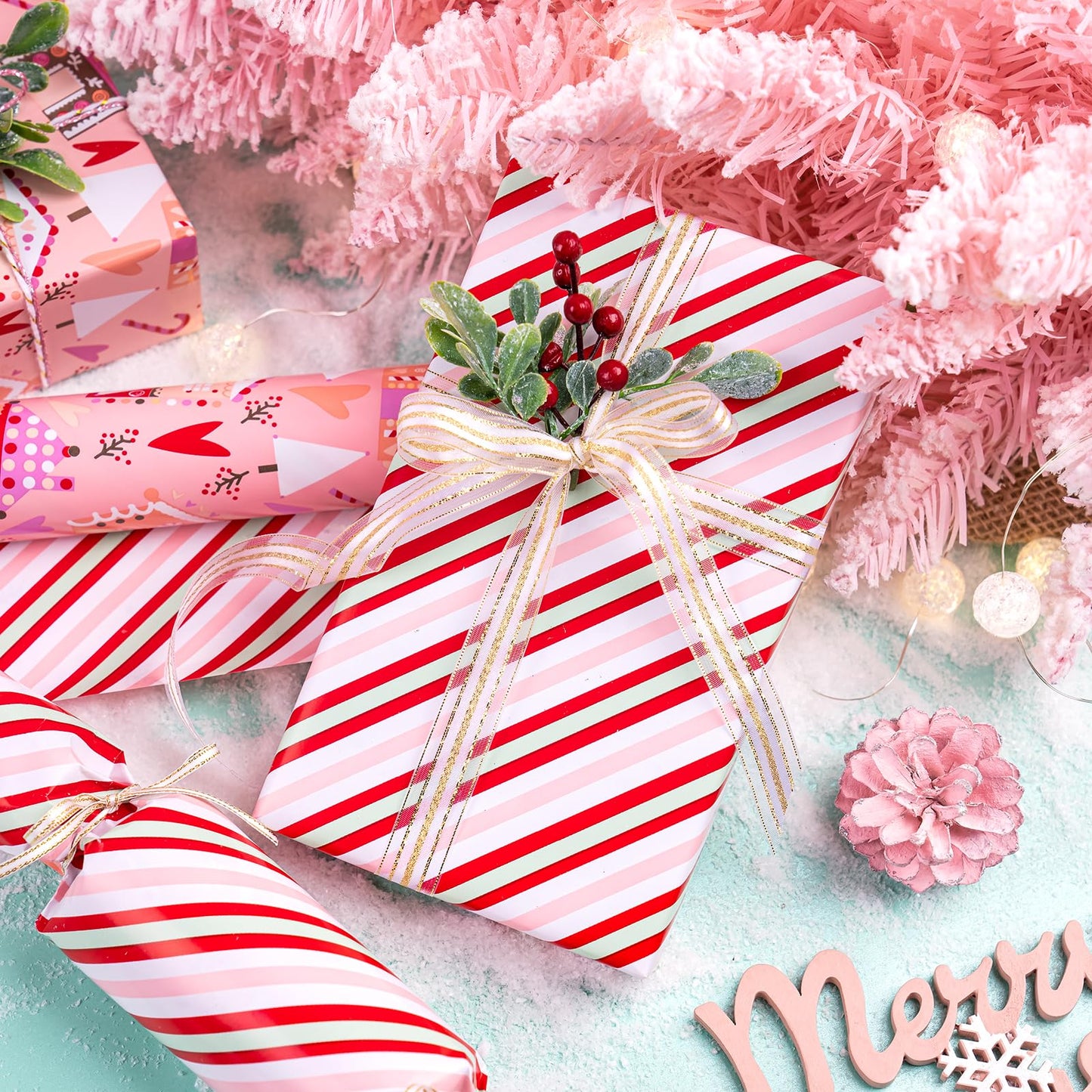 Reversible Christmas Wrapping Paper - Mini Roll - 17 Inch x 33 Feet - House with Christmas Tree and Candy Cane Wrapping Paper for Holiday, Party Celebration