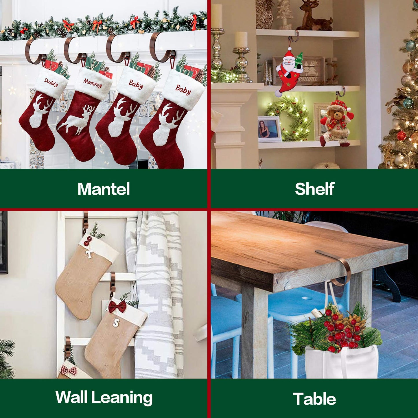 FINMOR Christmas Stocking Holders for Mantle Set 4,Lightweight Stocking Holder No-Slip Stocking Hangers for Mantel Fireplace,Adjustable Mantel Stocking Hooks
