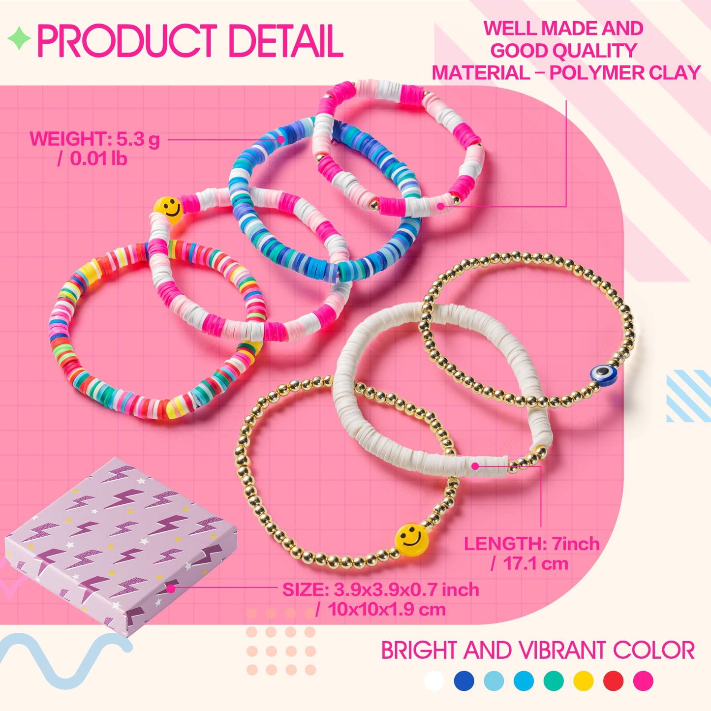 Y1tvei 7Pcs Heishi Surfer Bracelets Set Colorful Preppy Smile Evil Eye Beaded Stretch Bracelets Clay Stackable Boho Disc Y2K Aesthetic Summer Beach Bracelets