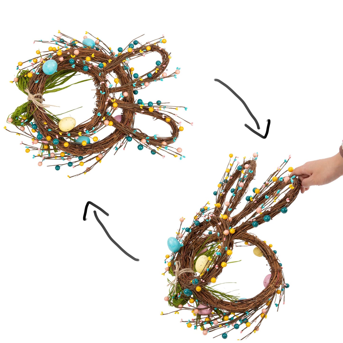 27 Inch Artificial Easter Wreath for Front Door Rabbit Wreath with Pastel Eggs and Mixed Twigs Spring Bunny with Raffia Bow for Easter Decorations