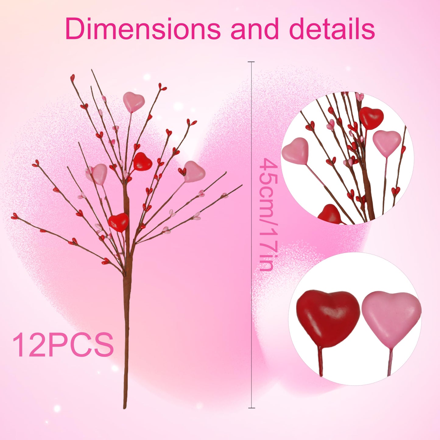 Valentine's Day Picks, 12 Pieces Artificial Pink Heart Shaped Berry Branches, 17.7 Inch Valentine's Day Heart Picks for Valentines Day Party, Wedding, Anniversary Table Decoration