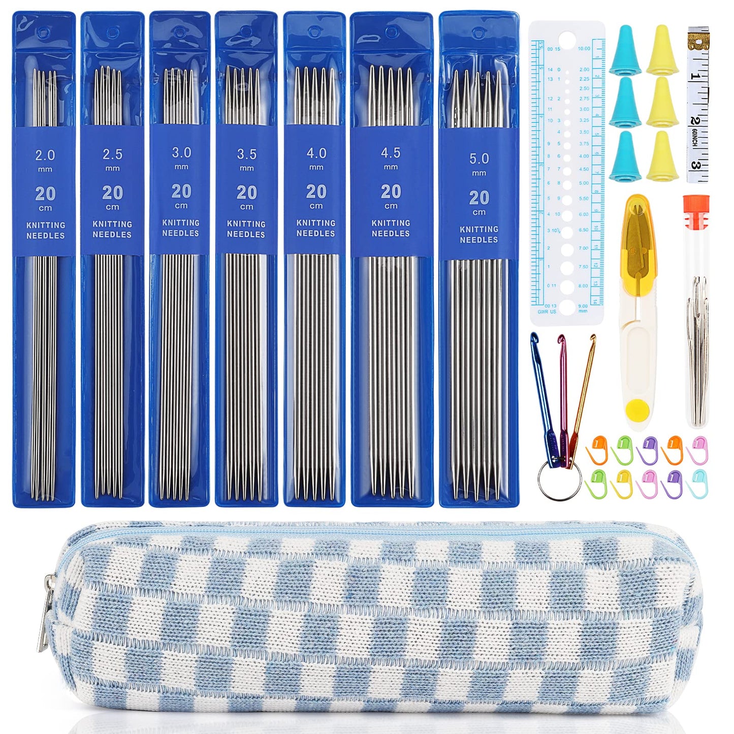 Aeelike 35pcs Short Knitting Needles Set Metal - Double Pointed Knitting Needles Stainless Steel Knitting Needles Double Ended with Case and Large-Eye Needles Stitch Markers Scissors Knitting Supplies