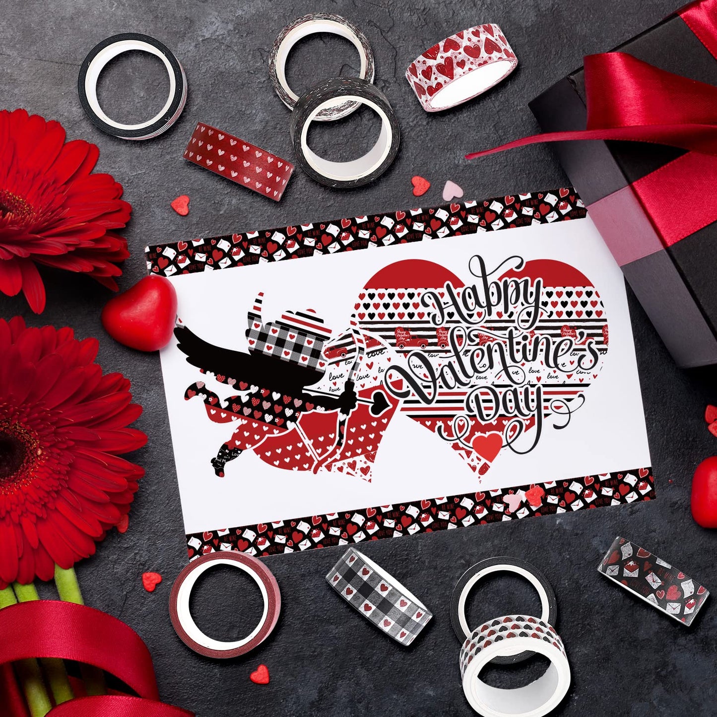 12 Rolls Valentine's Day Washi Tape Red Black Love Heart Truck Plaid Washi Masking Tape for Wedding Scrapbook Journal DIY Craft, 16.4Ft