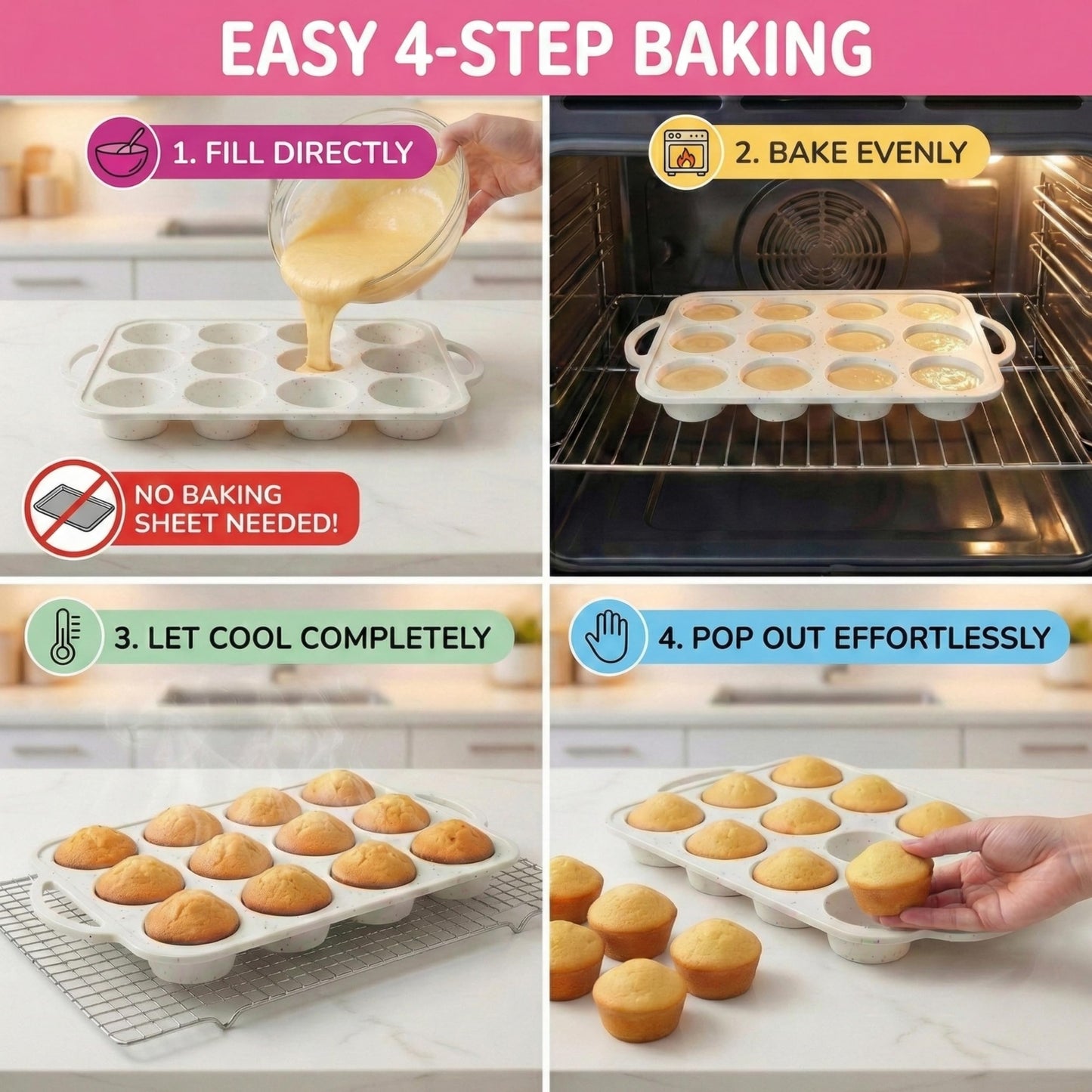 2-Pack Silicone Muffin Pan Set – Regular 12 Cup & Mini 24-Cup Silicone Muffin Pans for Baking – Nonstick Silicone Cupcake Pan with Metal-Reinforced Handles – BPA-Free, Dishwasher-Safe, Cream